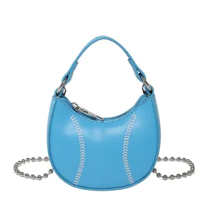Sky blue crescent moon handbag with baseball stitching and silver ball chain strap