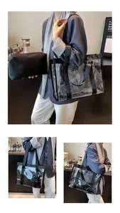 Close-up of clear PVC beach bag set with black inner pouch and dual webbing handles