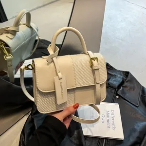 Borsa a Tracolla da Donna Elegante in Pelle PU Spliced Moda Semplice Piccola Borsa Quadrata Con Trama Intrecciata Fibbia Metallica Lembo Borsa a Tracolla Per Pendolarismo Quotidiano