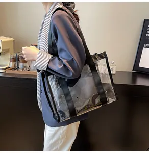 Detailed side view of clear PVC tote bag with black straps in a stylish cafe setting