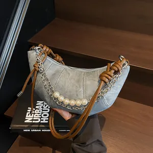 Sac Croissant Femme en Denim Cuir PU Sac à Épaule Demi Lune Avec Chaîne de Künstliche Perles Vintage Coréen Sac à Main sous l'Aisselle