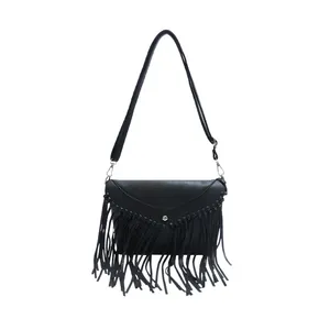 Schwarze Boho-Umhängetasche aus PU-Leder mit langen Fransen und Webdetails