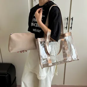Transparent PVC beach tote with rose gold trim and inner beige pouch for women
