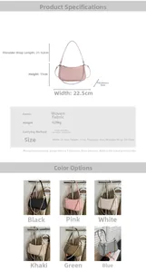 Detailed view of woven fabric shoulder bag showing dimensions and six color options