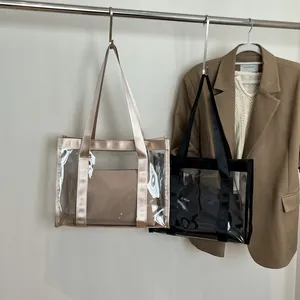 Minimalist transparent PVC beach tote bags in gold and black with inner pouches