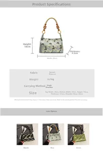 Detail of jacquard shoulder bag with crane pattern, wood bead handle and silk tassel