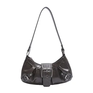 Vintage Y2K PU Leather Hobo Shoulder Bag With Large Metal Buckle Pleated Retro Wasteland Style Underarm Bag For Women