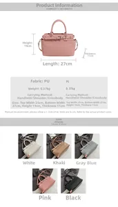 Detailed size chart for textured PU handbag featuring length 27cm and height 19cm dimensions