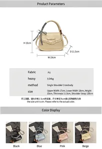 Detailed size chart and specifications for the bow-knot PU leather small square bag