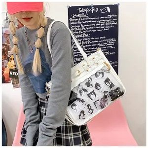 Detail of white canvas ita bag with large clear PVC window and anime character display