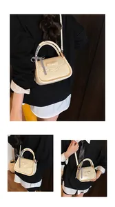 Detail view of cream crossbody bag featuring a bow, lace trim, and checkered scarf wrap