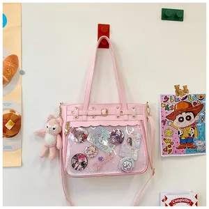 Bolso Ita rosa con ventana transparente para pines de anime y colgante de peluche