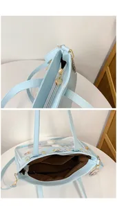 Detalle de bolso tote azul claro con cremallera de corazón y ventana de PVC transparente