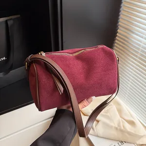 Retro Women Faux Suede Cylinder Shoulder Bag Vintage Matte Barrel Crossbody Purse With Top Zipper Elegant Daily Handbag