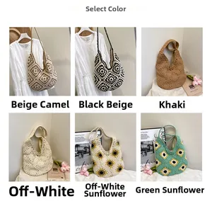 Detailoverzicht van gehaakte schoudertassen in diverse kleuren en zonnebloempatronen