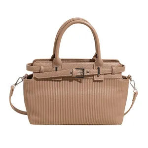 Chic beige handbag with vertical pleats and silver buckle detail in a minimalist design