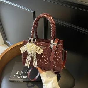 Vintage Snake Pattern PU Leather Handbag With Woven Handle Artificial Pearl Bow Pendant Trendy Commuter Crossbody Bag For Women