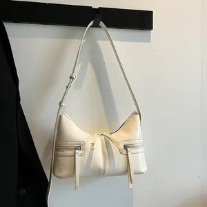 Borsa a Spalla da Donna Minimalista in Pelle PU Borsa Hobo alla Moda con Cerniera e Nappina Lunga Tinta Unita per il Giorno