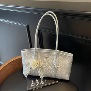 Women's Snake Pattern PU Leather Underarm Bag With Lace Bow Pearl Heart Pendant Chic Commuter Shoulder Tote Handbag