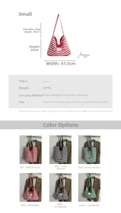 Detailed size specifications for striped canvas tote bag showing dimensions and strap length