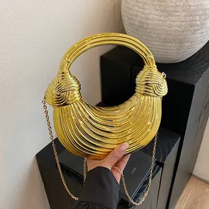 French Niche Metallic Iron Art Pleated Handbag For Women Noodle Bag Circular Handle Evening Party Shoulder Crossbody Bag With Chain