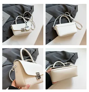 Multi-angle views of a white crossbody bag with woven texture and silver metal lock