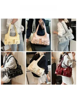 Collage of multi-pocket retro handbags in various colors shown on models for daily wear