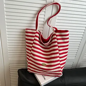Women Casual Striped Canvas Tote Bag Large Capacity French Style Shoulder Bag For School Shopping Travel Reversible Handbag