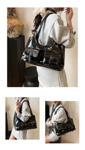 Close-up of black patent leather shoulder bag featuring metal buckles and twin front pockets
