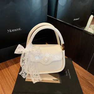 Women Fashion PU Leather Mini Square Handbag With Lace Bow Lychee Texture Wrinkled Texture Detachable Strap For Daily Commuting Shoulder Crossbody Bag