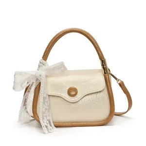 Elegant beige wrinkled PU mini bag with brown handle and delicate lace decoration