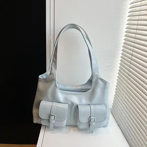 Women Retro Glossy PU Leather Shoulder Bag Multi Pocket Large Capacity Tote Handbag With Metal Buckle Daily Streetwear