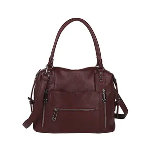 Large dark red vintage tote bag with multi-zipper pockets and removable shoulder strap