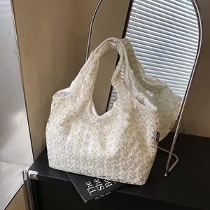 Women 3D Floral Embroidery Mesh Tote Bag French Vintage Lace Large Capacity Shoulder Handbag Daily Casual Beach Purse