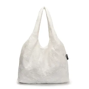 White lace tote bag with 3D floral embroidery and aesthetic mesh fabric design