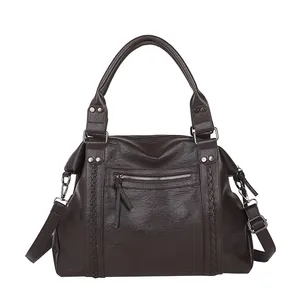 Retro dark brown large capacity faux leather tote bag with braided accents and top handles