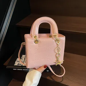 Women's Small PU Leather Handbag Cartoon Embossed Top Handle Crossbody Bag With Star Charm Stylish Princess Style Purse