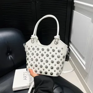 Fashion Women Rivet Bucket Bag PU Leather Handbag Punk Style Crossbody Shoulder Bag With Adjustable Strap For Daily Use