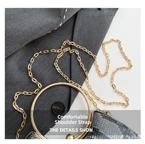 Detail of snake pattern texture with gold circular metal handle and chain strap