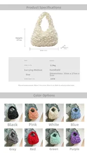 Detailed size chart and multi-color options for ruffled satin tote bag with lace trim