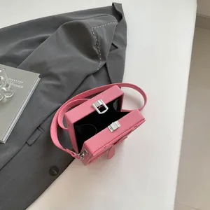 Pink lychee grain box bag with silver clasp shown from an overhead perspective