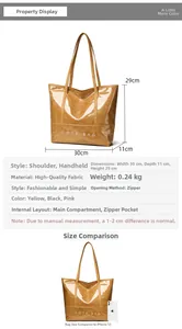 Detail view of brown glossy tote bag showing dimensions 30x11x29cm and 0.24kg weight