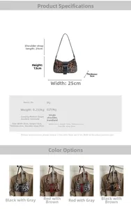 Detail view of leopard print shoulder bag with rivet accents and dimensions chart
