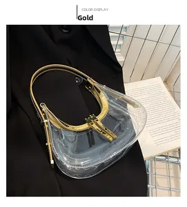 Détail du sac hobo en PVC transparent avec bordure métallique dorée et double fermeture