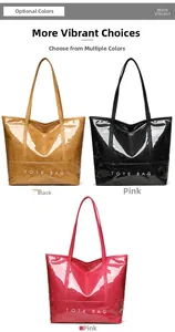 Three large shiny tote bags in black, pink, and brown colors with long shoulder straps