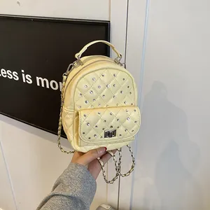 Zaino Mini Trapuntato da Donna alla Moda Strass Reticolo di Diamanti Pelle PU Catena in Metallo Chiusura a Girello Borsa da Viaggio