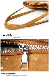 Detail of camel lychee grain leather tote with round handles and smooth silver zipper