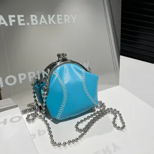 Creative Baseball Shaped Mini Crossbody Bag For Women PU Leather Shell Bag Kiss Lock And Metal Bead Chain Shoulder Bag