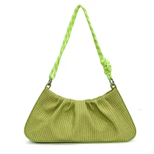 Grass green woven baguette bag with pleated design and neon green rope shoulder strap