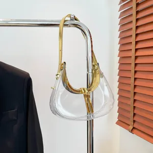 Sac Hobo Transparent en PVC pour Femmes Avec Bordure en PU Métallisé Double Fermeture Éclair Sac Sous le Bras Décontracté Rétro